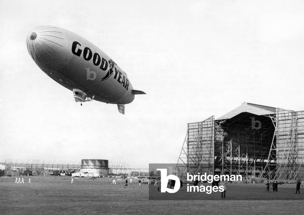 The Goodyear Europa airship rises above its hangar at RAF Cardington formerly the Royal Airship Works - the same hangar that once housed the ill-fated R101. March 1972