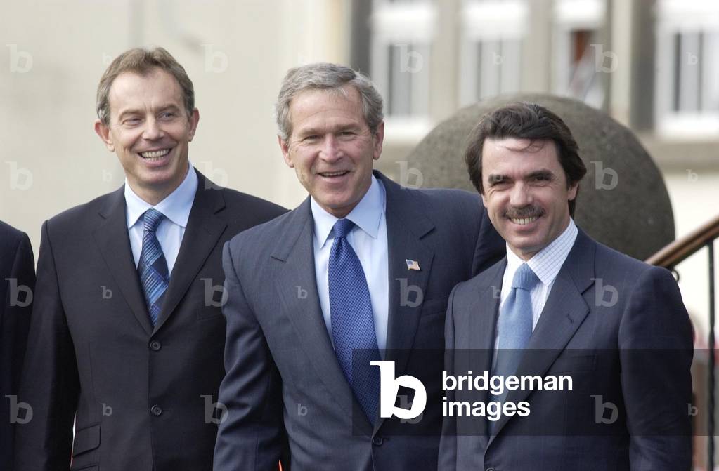 President George Bush with Tony Blair and Jose Maria Aznar at the Azores Summit, 16th March 2003 (b/w photo)