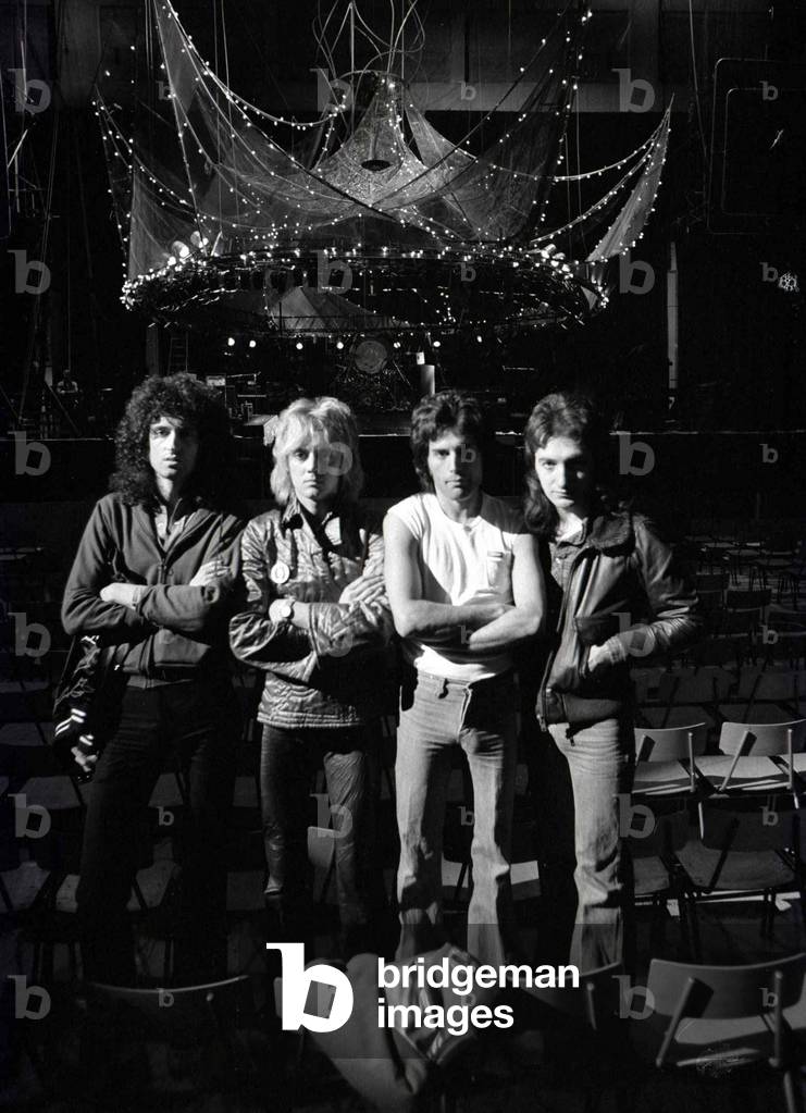 Queen Rock Group - Brian May, Roger Taylor, Freddie Mercury and John Deacon, rehearsals at Earls Court in London. June 1977
