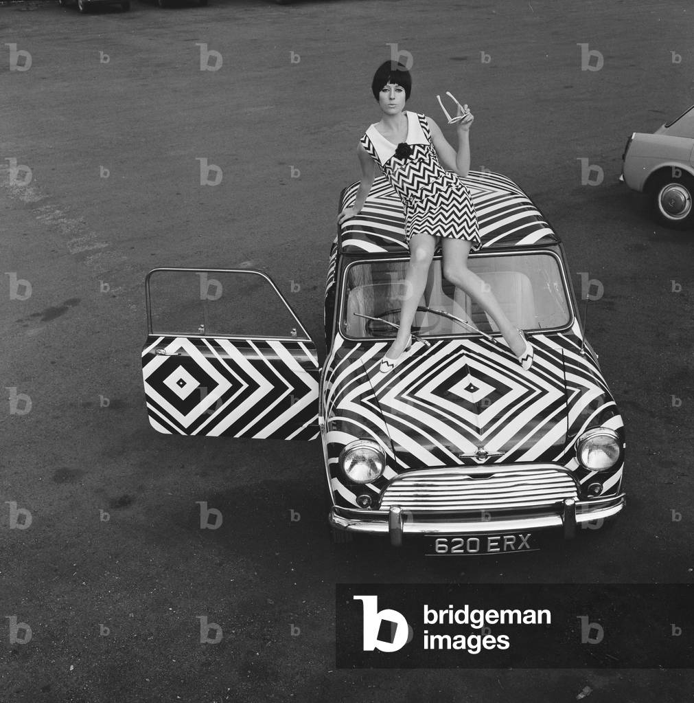 Here it is! The car for the Op Art girl (optical art girl) who likes all her accessories to match, pictured 24th March 1966 (b/w photo)