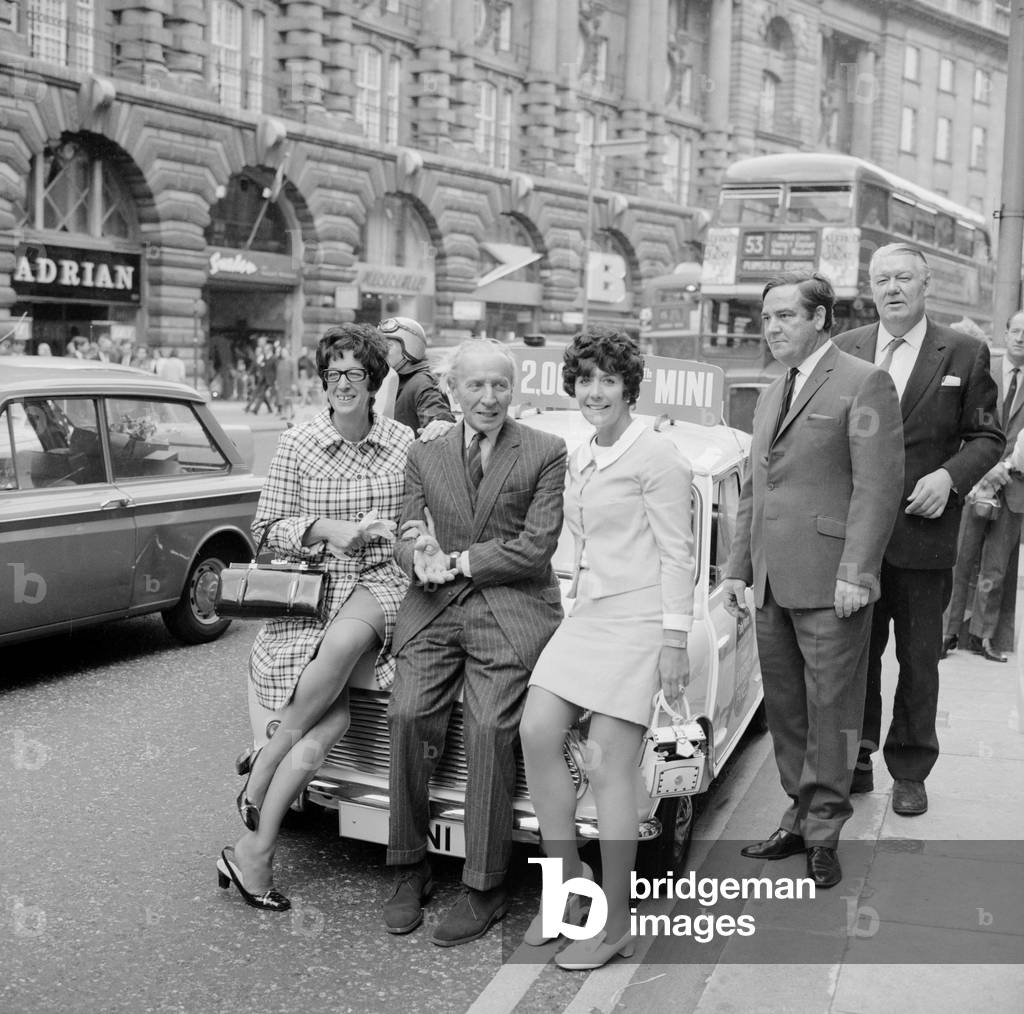 Judges for Daily Mirror competition to win the two millionth mini arrive at the Cafe Royal in London to decide on the winner, July 1969 (b/w photo)