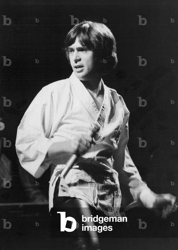 Peter Gabriel in concert during his smash-hit European tour. The one time lead singer with supergroup Genesis is now the leader of his own band, 19/09/1977 (b/w photo)
