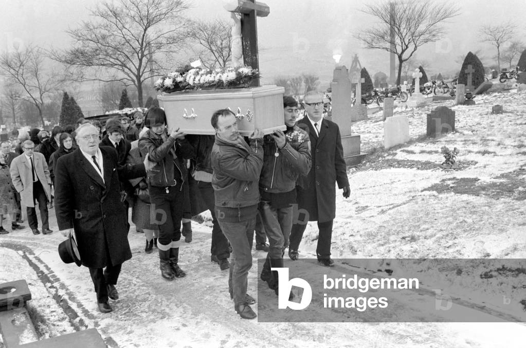 Ton-up boys attend Funeral of their mate. The ton-up boys attending the Funeral at Tunstall Cemetery and St. John's Church Kidsgrove en route
December 1969