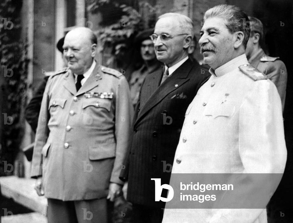 Mr Churchill entertained President Truman and Generalissimi Stalin to a dinner party at the Prime Minister's residence at Potsdam, 23rd July 1945 (b/w photo)