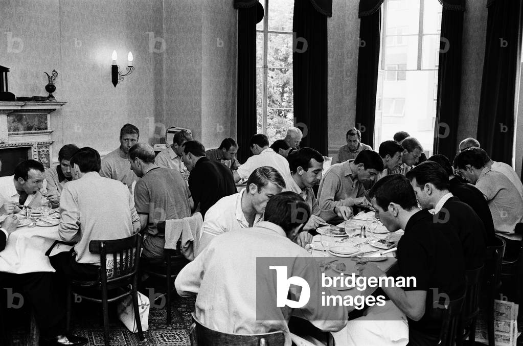 Members of the England football squad and management eating breakfast at the team hotel in Hendon during the 1966 World Cup tournament. 10th July 1966 (photo)