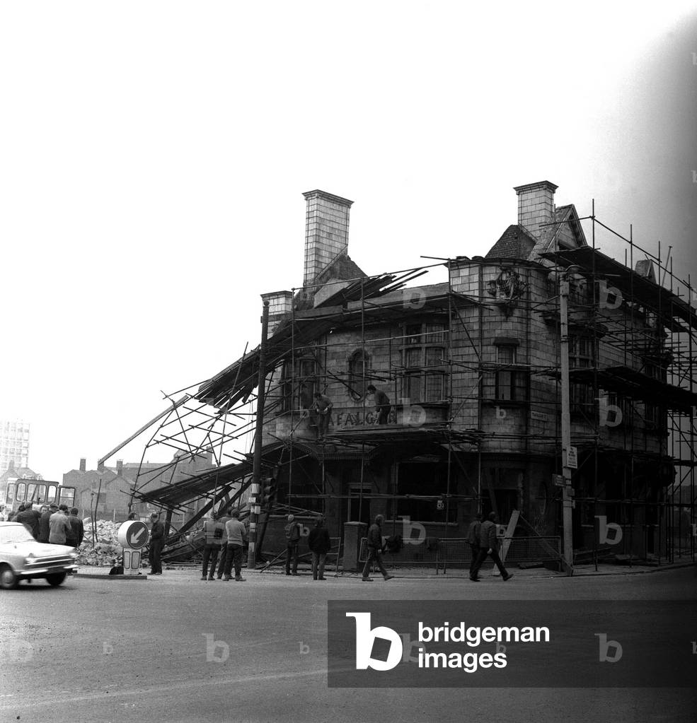 Where is Health and Safety? The Evening Chronicle photographer was on the spot on Thursday, April 4, 1972 when demolition men moved into pull down the Trafalgar Hotel at the corner of Trafalgar Street and New Bridge Street, Newcastle, 1972 (b/w photo)