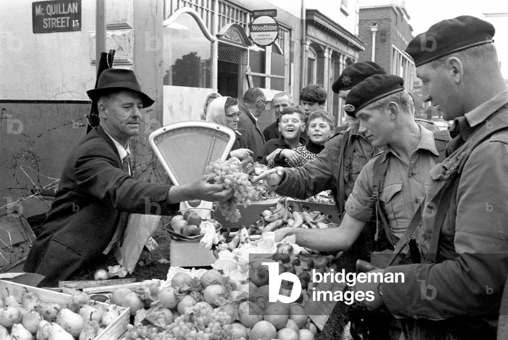 British army Soldiers seen here on patrol in the Falls Road area of Belfast, Northern Ireland.