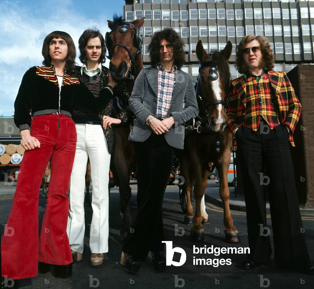 Slade in Glasgow with horses To publicise the film 'Slade in the Flame' March 1975 (b/w photo)