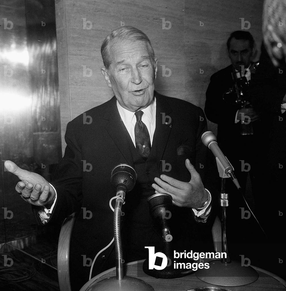 Maurice Chevalier at a Press Conference at the Lincoln Room at the Savoy Hotel, February 1968 (b/w photo)