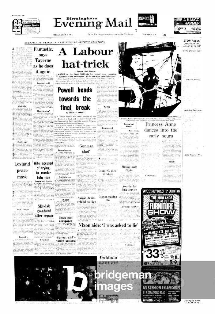 Evening Mail Newspaper, Front Page, Published Friday 8th June 1973 (b/w photo)
