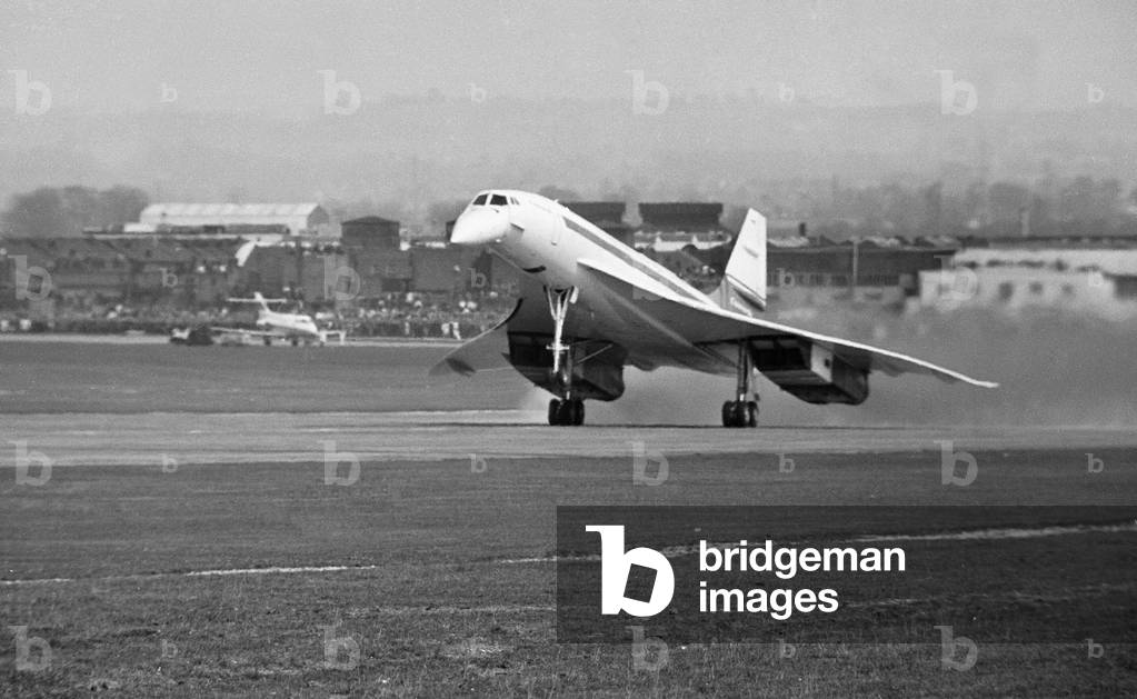 The first flight of UK-built Concorde prototype 002 from Filton near Bristol to RAF Fairford piloted by Brian Trubshaw on 9th April1969 (b/w photo)