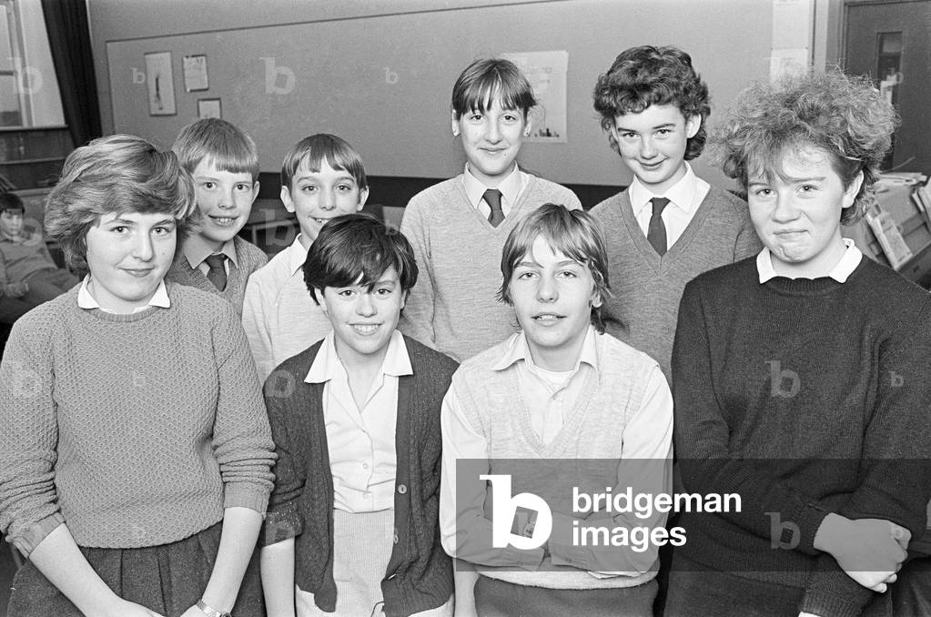 These 8 youngsters fought a close contest in a qualifying round for the final of the Miss Sunderland annual Top of the Form music competition. Kirkburton Middle School pupils (back) were beaten by pupils from Newsome High School (front) in a tie break question and the winners will now join Moor End High School and Almondbury High School in the final. 30th January 1985 (b/w photo)