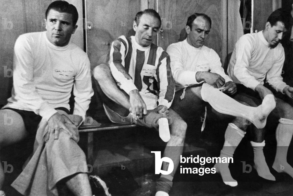 Sir Stanley Matthews pictured before his testimonial at Stoke City's Victoria Ground. Ferenc Puskas (left) and Alfredo di Stefano (right) were amongst some of the stars who turned out for the World XI. April 1965 (photo)