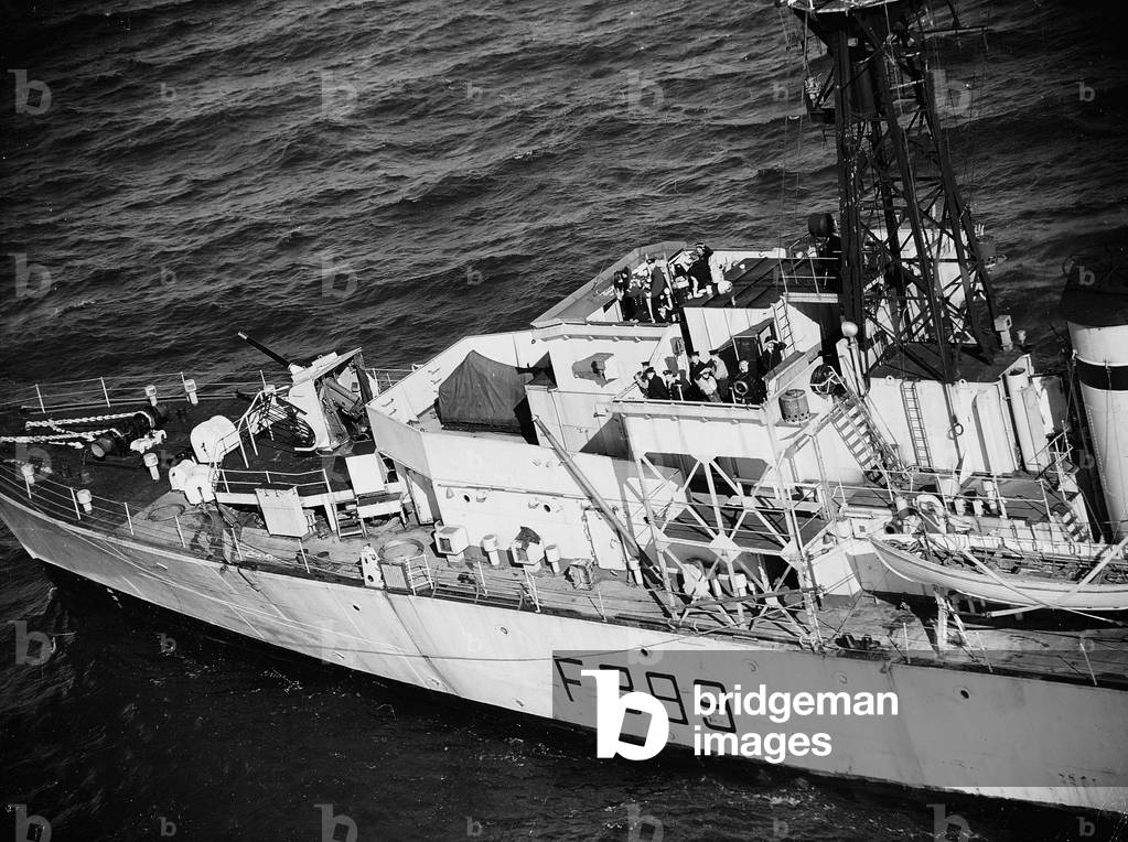 Frigate searching for the missing submarine HMS Affray which failed to surface during a training dive 1951 (b/w photo)