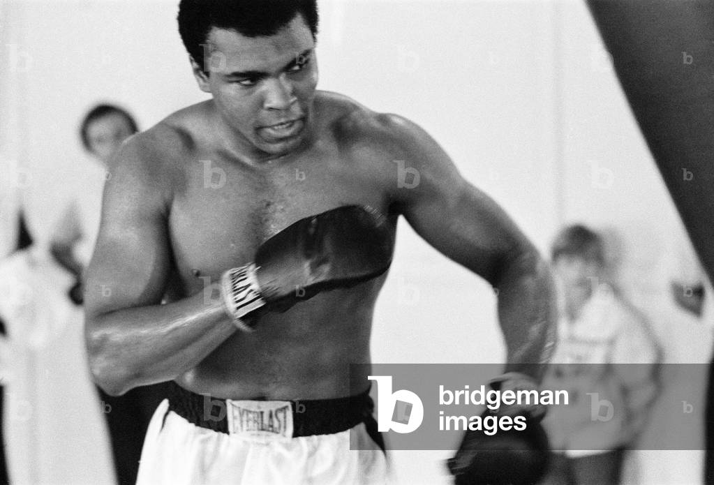 Muhammad Ali in the gym ahead of his clash with Smoking Joe Frazier to be held at Madison Square Garden in New York City. 4th March 1971 (b/w photo)