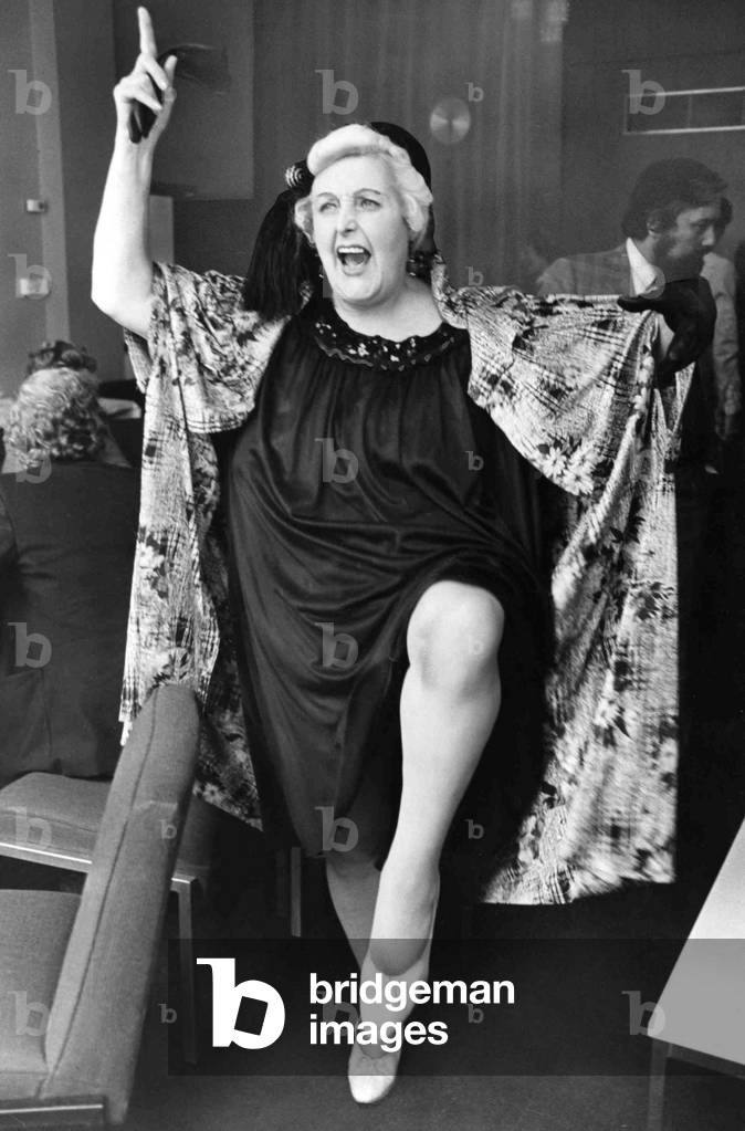 Music hall and radio stand-up comedienne Tessie O'Shea, known as Two Ton Tessie, during a visit to Cardiff. 
June 1978.