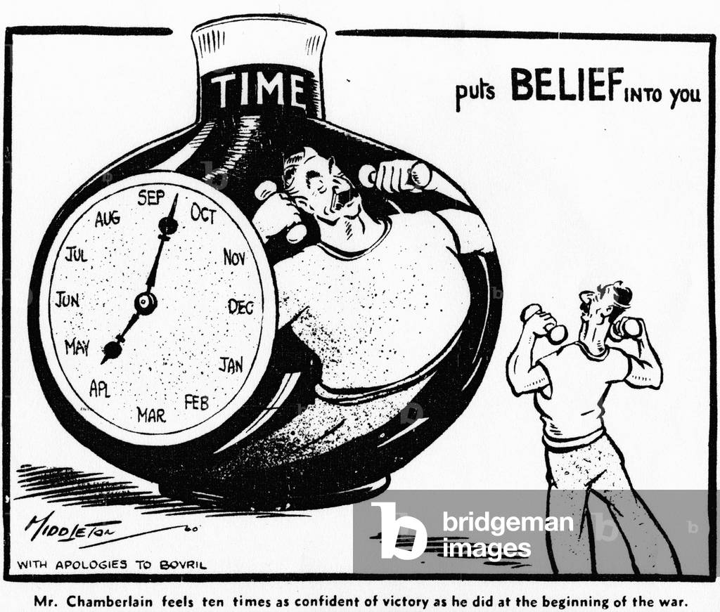 Middleton Birmingham Gazette cartoon: Time Puts Belief into you with apologies to Bovril. Mr Chamberlain feels ten times as confident of victory as he did at the beginning of the war. Saturday 6th April 1940 (b/w photo)