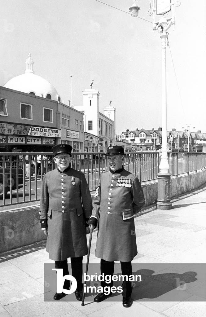 Chelsea Pensioners Joe Melville and Fred Hall at Whitley Bay having a bit of a holiday from the Royal Hospital, c.1970