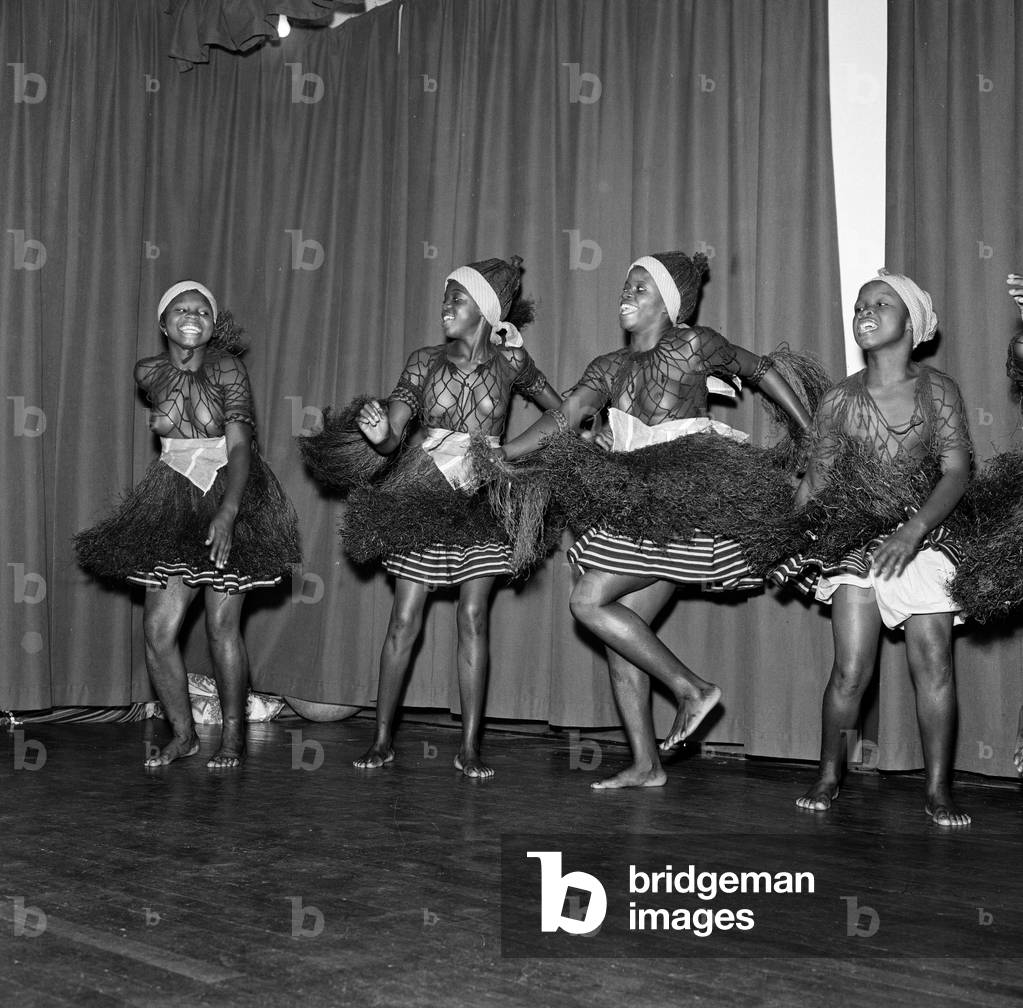 The Sierra Leone Dance Troupe rehearse at the London University Girls Hostel, for the Commonwealth Arts Festival to be held at the Royal Albert Hall next week, pictured Saturday 11th September 1965 (b/w photo)