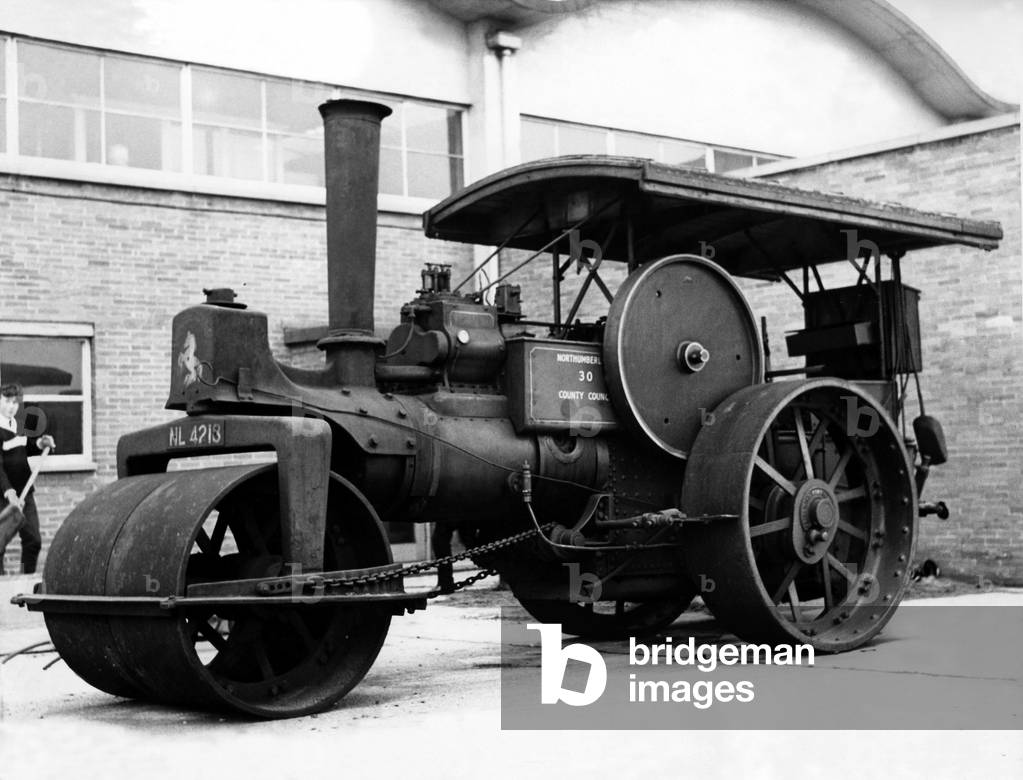 A steam roller at County Technical College in Ashington on 10th March 1965 (b/w photo)