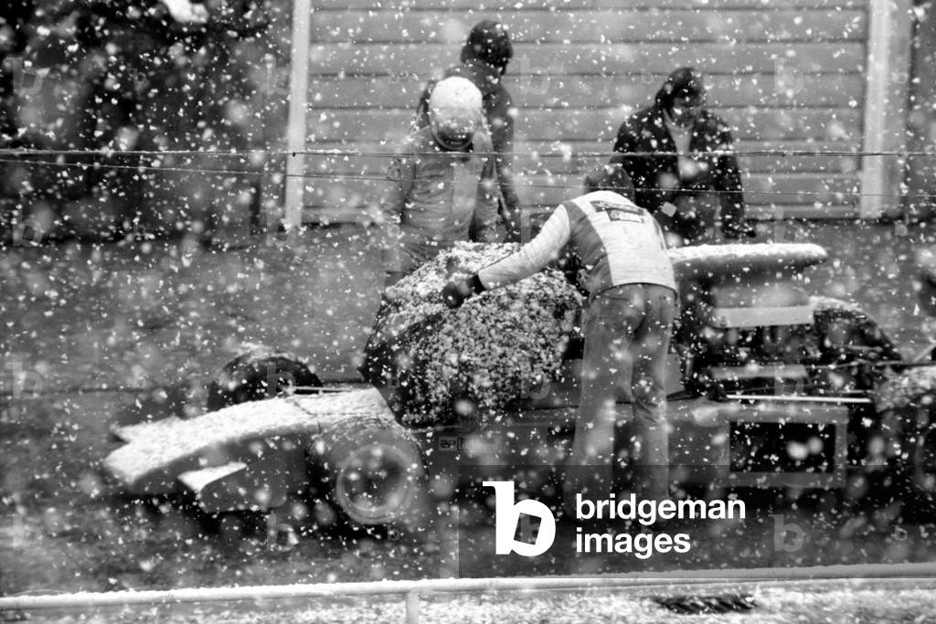 A snow storm hit Brands Hatch today just as the motor racing meeting was getting underway - it was finally decided to cancel the meeting after two attempts to get practice sessions started, December 1977 (b/w photo)
