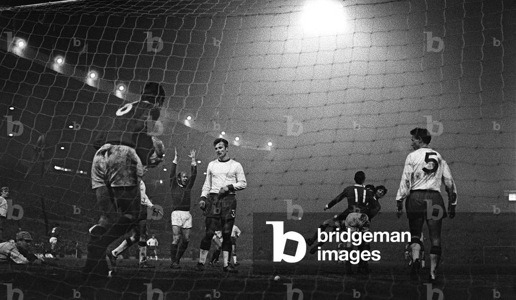 Manchester United players celebrate against Gornik March 1968among them skipper Bobby Charlton in the quarter final of the European Cup in Old Trafford which United won 2-0 (photo)