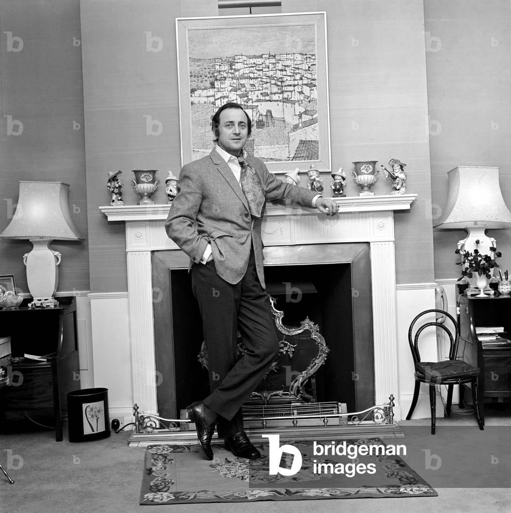 Radio and television presenter David Jacobs pictured at his home in Kensington this morning. 
December 1969