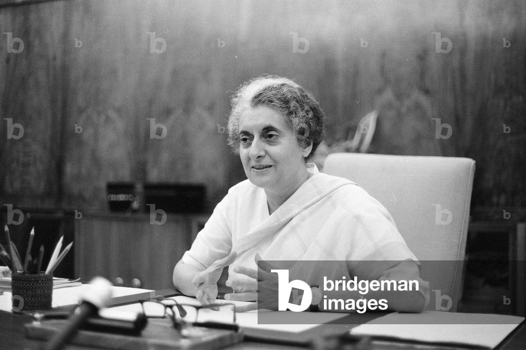 Indira Gandhi, Prime Minister of India, photographed in her office in the Indian Parliament in New Delhi.
4th July 1971.