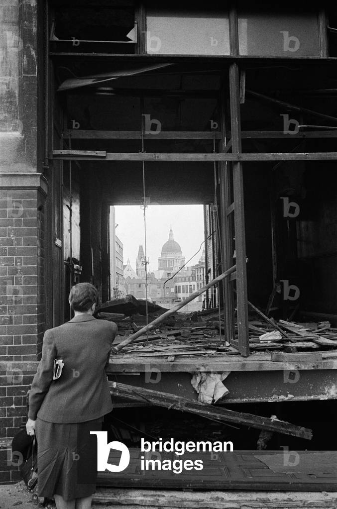St. Paul's Cathedral seen through a blasted shop on Fetter Lane, 4th August 1944 (b/w photo)