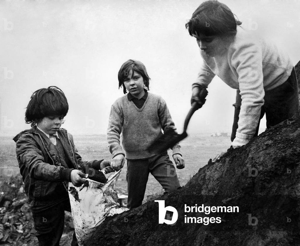 Boy miners digging for coal in the old mine at Cobridge North Staffordshire. Brothers Alex 11, Tony 8 and Kevin Donoghue 9 searching for coal.
