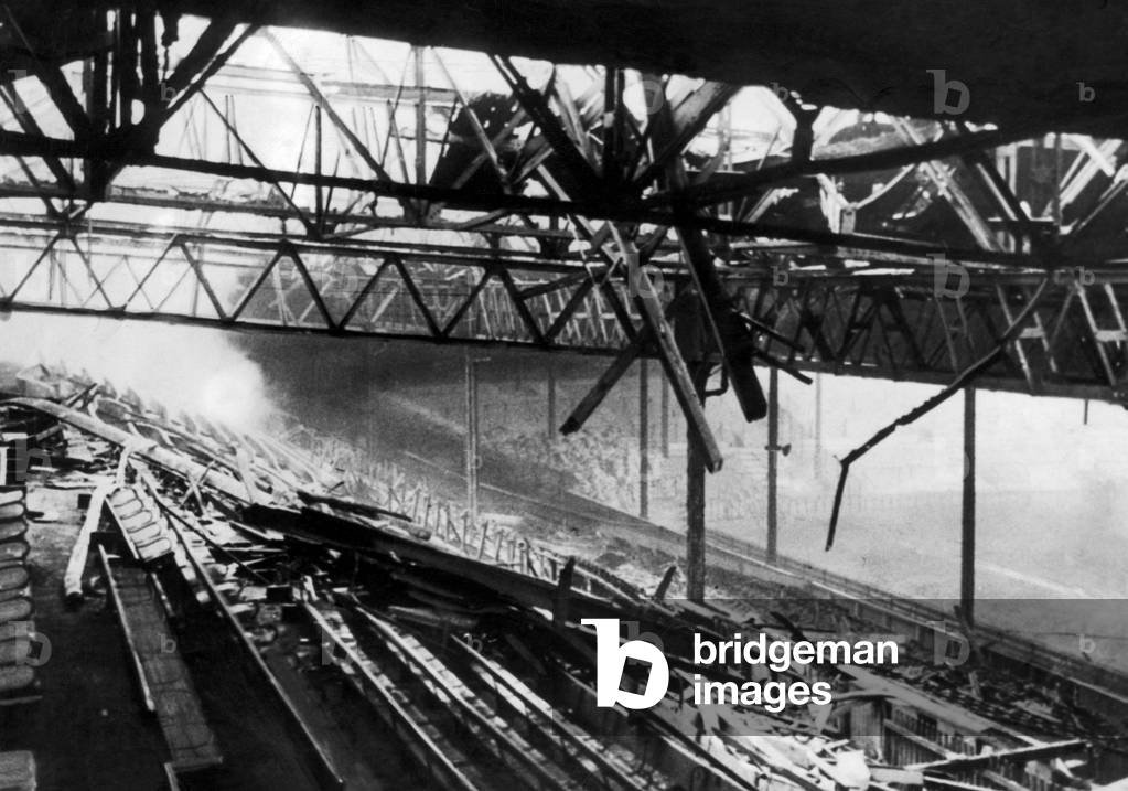 Bomb damaged Old Trafford, home ground of Manchester United Football Club, pictured shortly after Second World War, 1945 (photo)