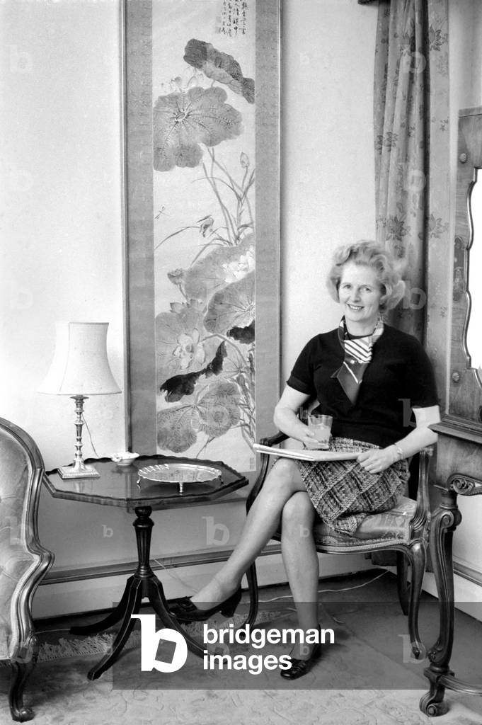 Margaret Thatcher M.P. at her Chelsea home, February 1975 (b/w photo)