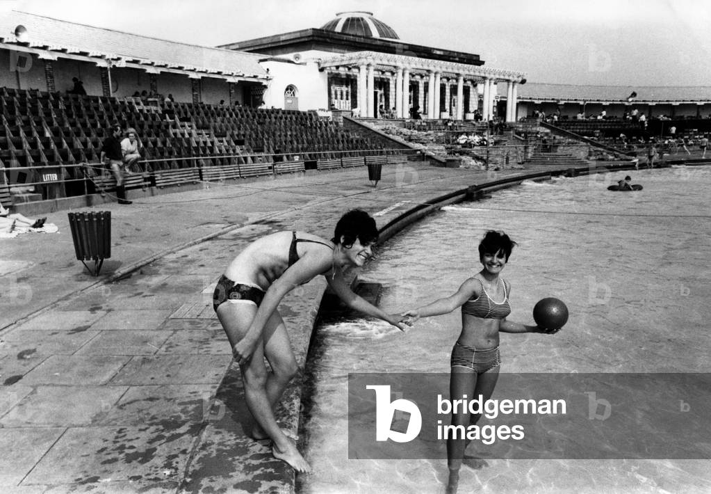 Catherine Birchall 15 and Valerie Moody 16, at Sea Bathing Lake, Southport, Merseyside, 28th August 1966 (b/w photo)