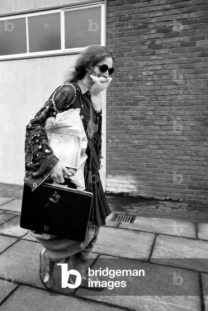 Hippy Nicholas Albery seen here outside the court house at Slough, January 1975