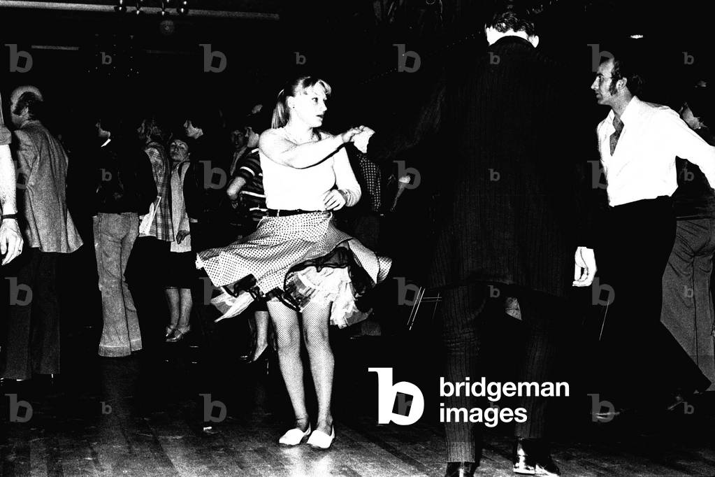 Rock and Roll dancers jiving on the dance floor at a Jerry Lee Lewis concert at the Mayfair Ballroom on 14th February 1980 (b/w photo)