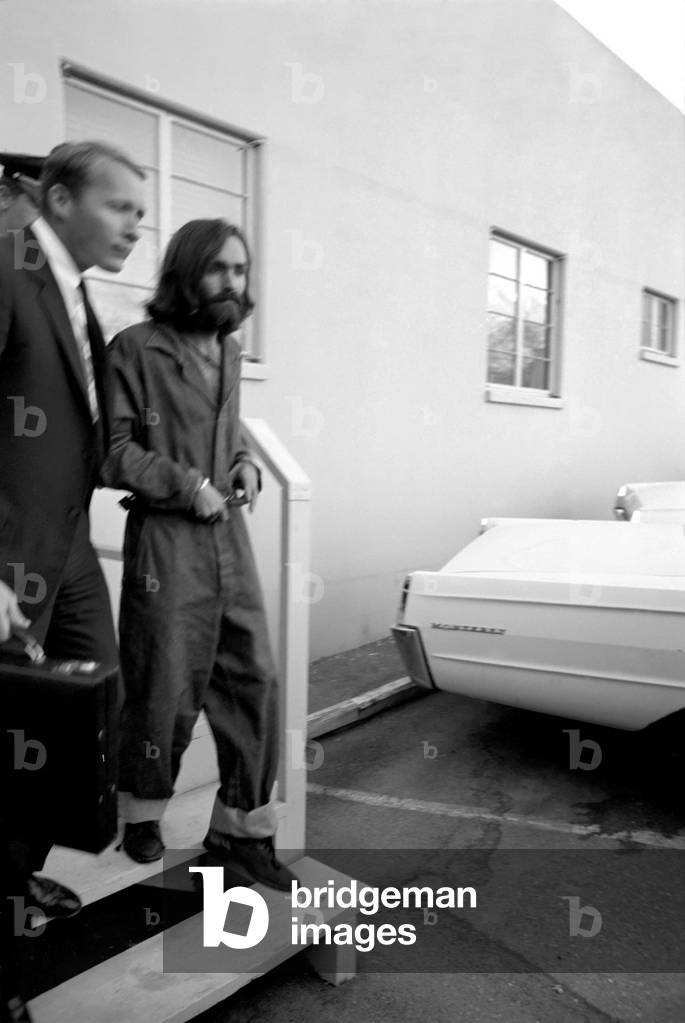 Accused murderer being led to and from court house in Inyo County, California.He is Charles Miller Manson, aged 34 years, 5th December, 1969
