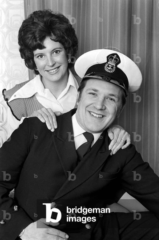Kathy Houlding with her husband John who is a Chief Petty Officer in the Royal Navy, May 1975 (b/w photo)