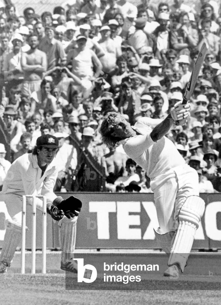 Texaco Trophy. England v. Australia one day International at Old Trafford.
Ian Botham in action for England.
30th May 1985.