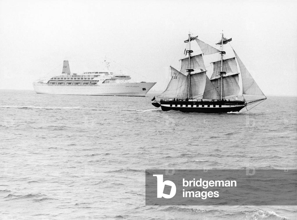 Two new ships on the Solent, The Sea Cadet Corps' new training ship 'Royalist' and cruise liner 'Spirit of London'.
18th October 1972