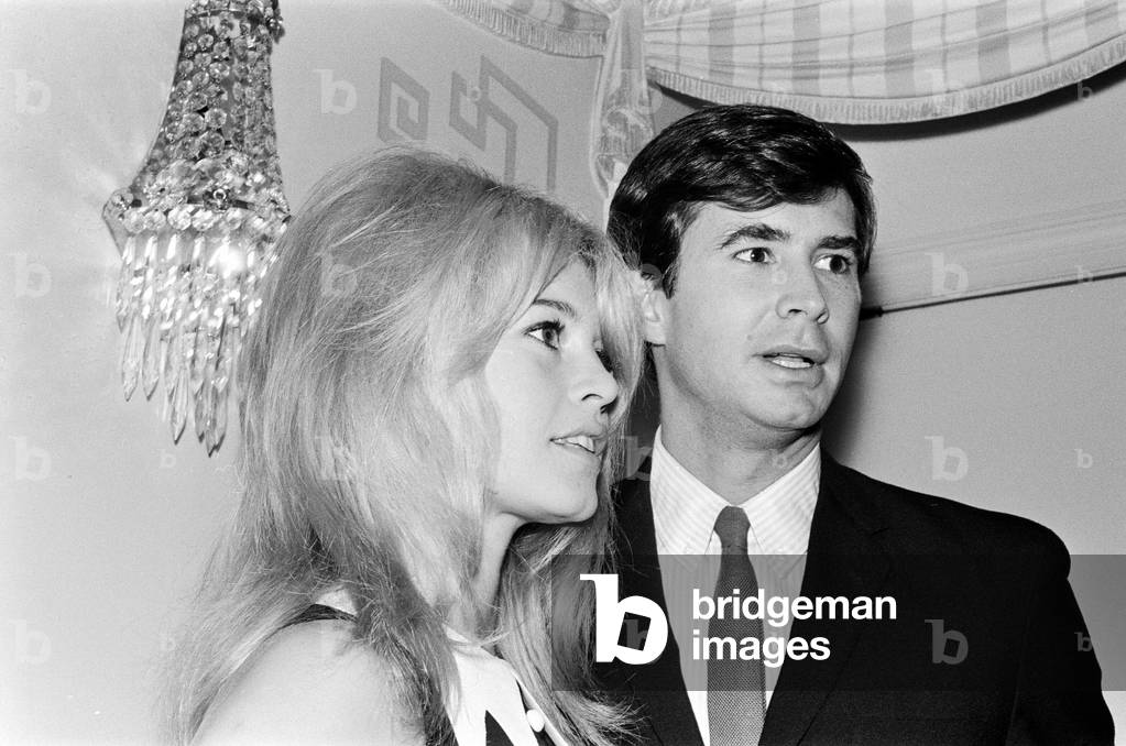 Brigitte Bardot & Antony Perkins at press conference, London, 1963 (b/w photo)