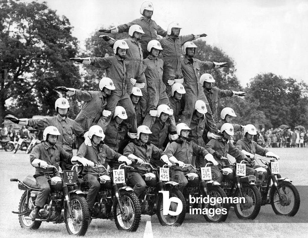 The Royal Corps of Signals Display team (The White Helmiets) showed the only way to travel on a motorbike at Ponteland, 7 July 1973