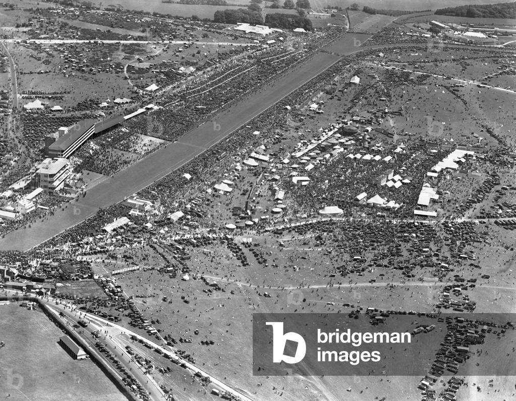 Aerial view of Derby Day at Epsom, June 1928 (b/w photo)