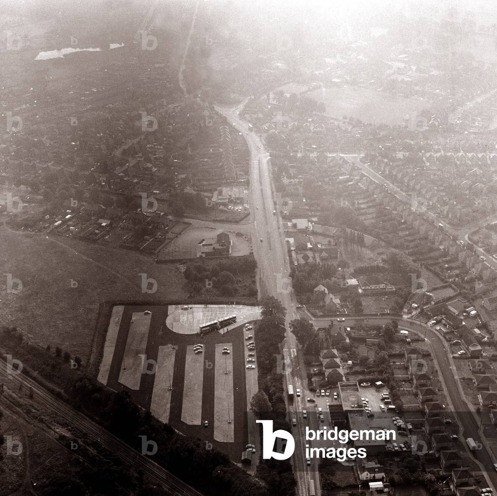 City of Nottingham, England Great Britain UK Aerial View of The Main Roads leading into Nottingham, Nottingham Town Centre, 4th August 1975 (b/w photo)