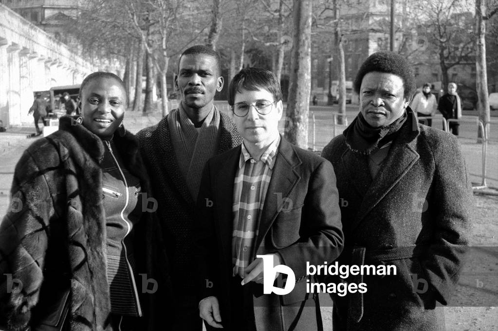 Paul Simon with African Musicians (l to r) Miriam Makeeba, Ray Phiri and Hugh Masekela January 1987 (b/w photo)