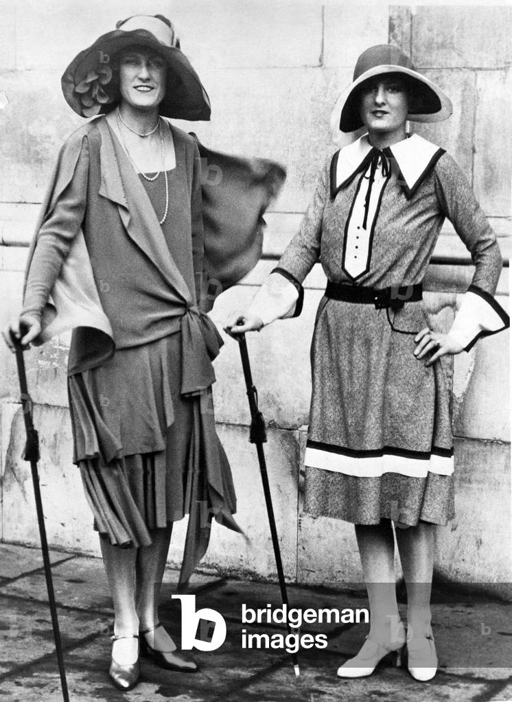 Two smart spring fashions at the artificial silk exhibition at Olympia, 1927 (b/w photo)