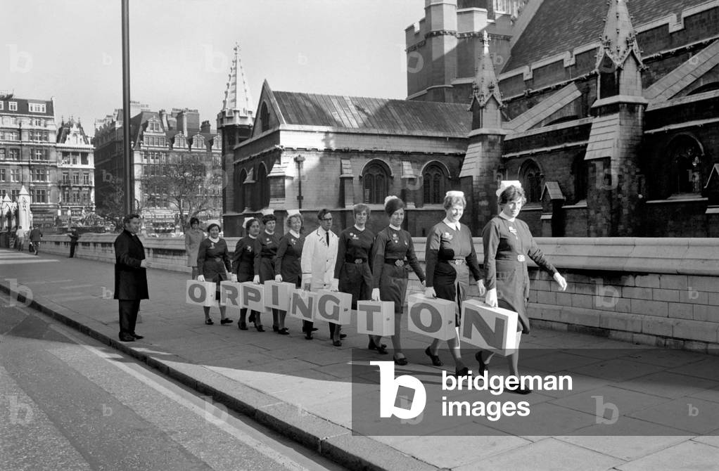 Uniformed nurses from Orpington Hospital went to the House of Commons today to hand over a petition to parliament to Mr. Eric Lubbock, MP for Orpington. November 1969