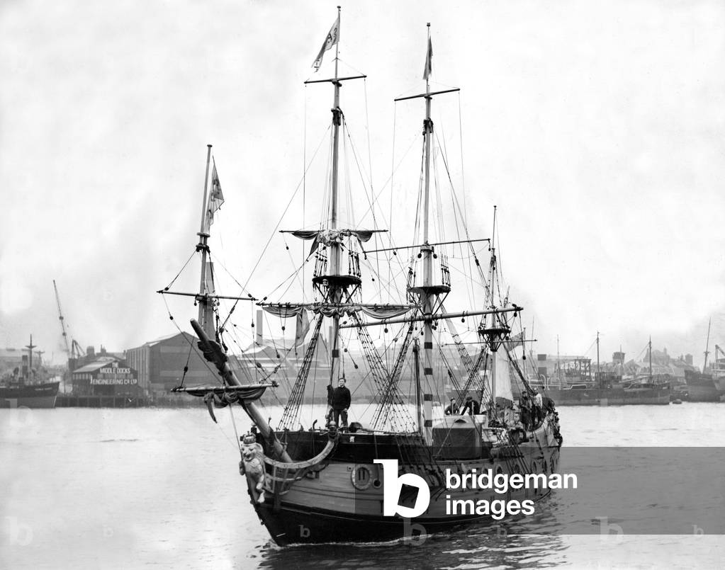 Heading into Commissioners' Quay, North Shields, is the Centurion, half-scale model of the 1702 HMS Centurion, on her arrival on the River Tyne from Berwick. The missionary ship which belongs to the Society for the Propagation of the Gospel will visit North-East ports, c. 1950