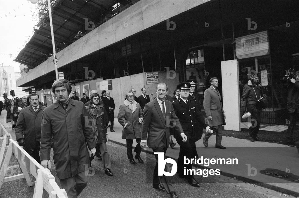 Prince Philip, Duke of Edinburgh visits the Mulberry Bush pub, one of the scene's of the Birmingham Pub Bombings., 25th November 1974 (b/w photo)