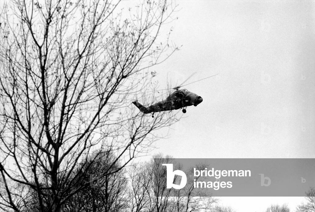 These border patrols are flown by a detachment of 72 Squedron of the R.A.F., normally based at Odiham in Hampshire. In Ulster they are flying from the R.A.F. base at Aldegrove. They use Wessex helicopters for the patrols, and also other roles in support of the Army, moving VIP's and troops, mail runs, etc. One of the Wessex helicopters of 72 Squadron on patrol. December 1969