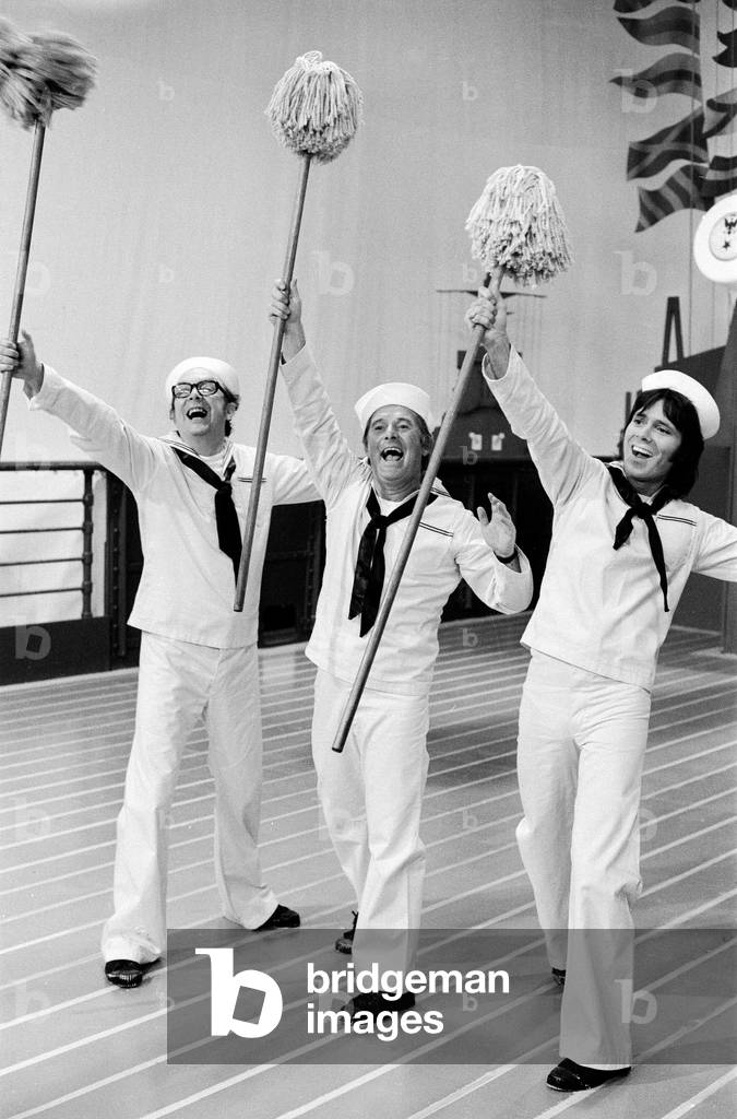 Cliff Richard with Morecambe and Wise, 10th October 1972 (b/w photo)